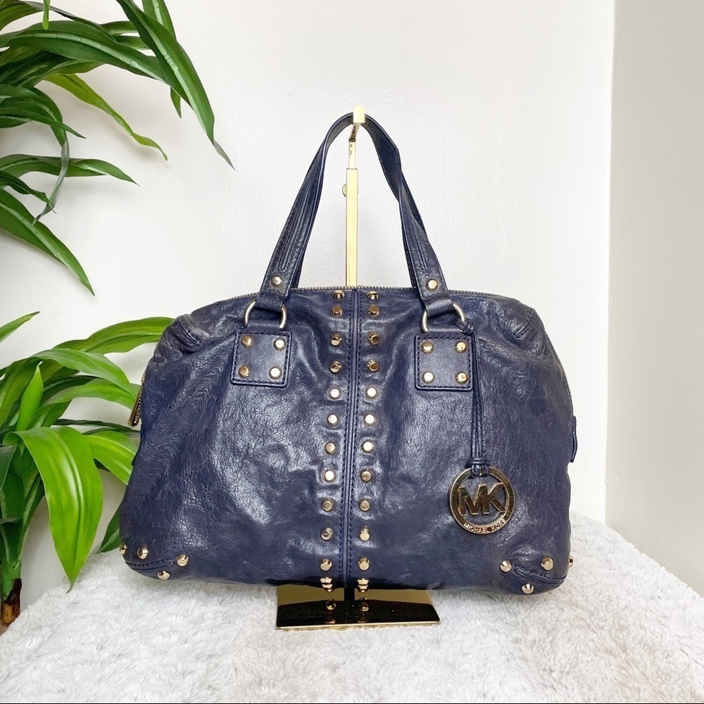 Michael Kors Y2K “Astor" studded blue distressed moto leather handbag - Picture 3 of 14